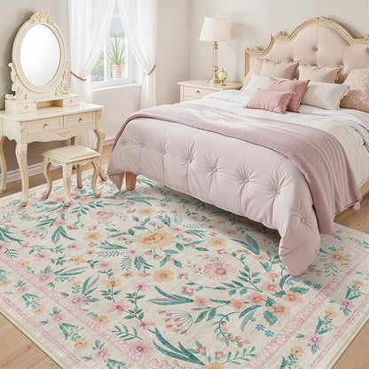 Pink Floral Rug 6x9 for Living Room, Washable Non-Slip Area Rug for Girls - Image 4
