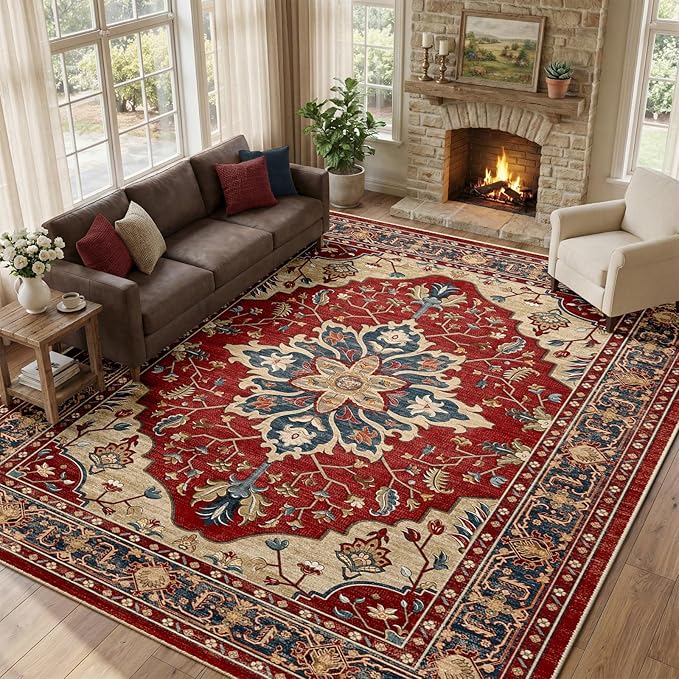 RELEANY Area Rugs Large 9'x12' Washable Non-Slip, Floral Vintage Distress - Image 3