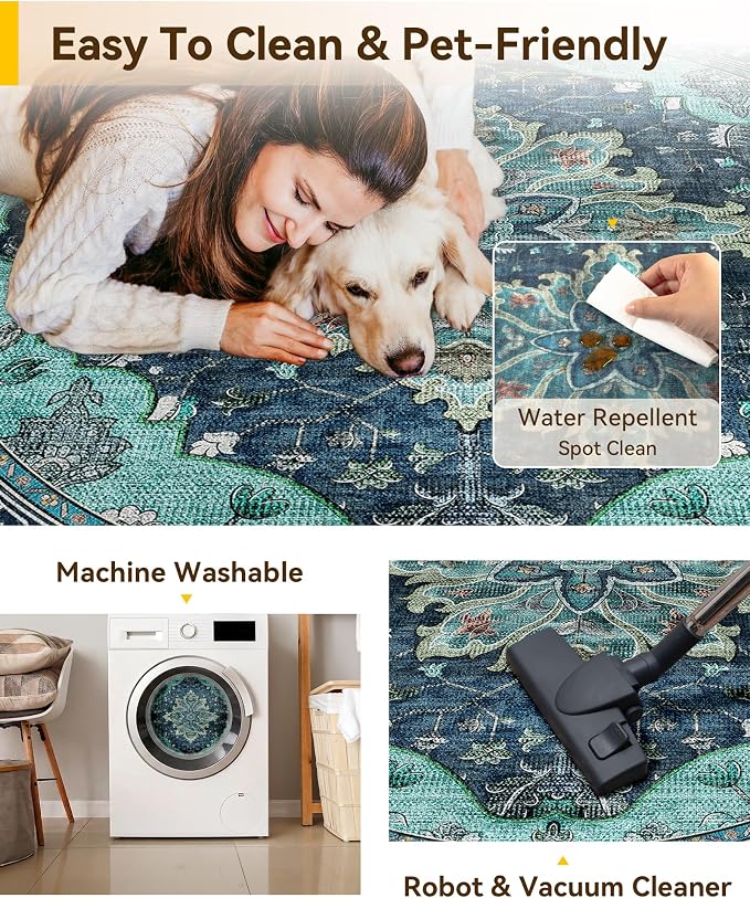 RELEANY Area Rugs Round 7ft Washable Non-Slip, Floral Vintage Distress - Image 4
