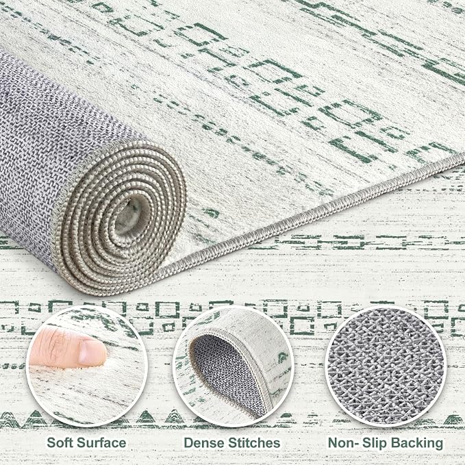 Nakagishi Green Rug Living Room 5x7: Washable Boho Large Neutral Farmhouse Soft - Image 3