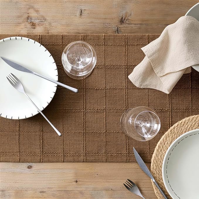Linen Checked Farmhouse Table Runner, 13x48 Inches Roasted Brown | Raised Grid - Image 7