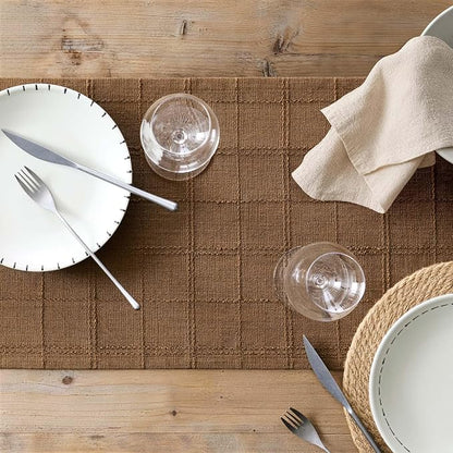 Linen Checked Farmhouse Table Runner, 13x60 Inches Roasted Brown | Raised Grid - Image 7