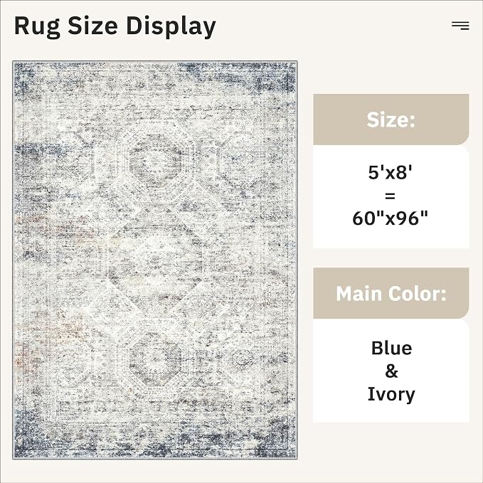 Soalmost 5x8 Area Rugs Blue Ivory Low Pile Indoor Washable Trendy Faded Style - Image 5