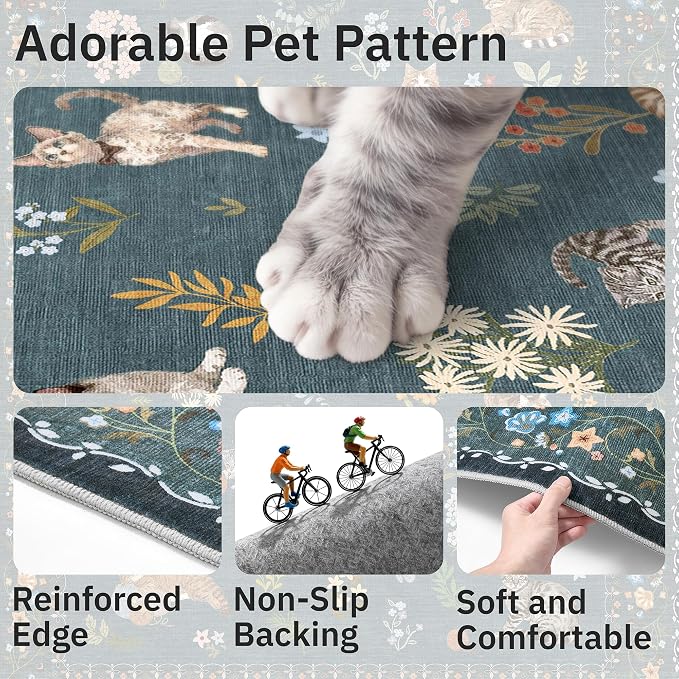 Soalmost Cat 3x5 Area Rugs for Entryway, Machine Washable Animal Floral Accent - Image 8