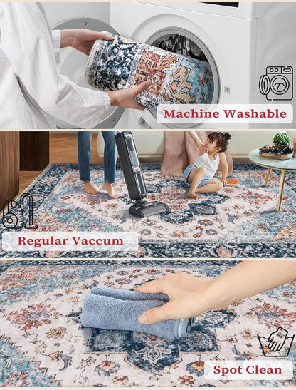 SERISSA Boho Washable Runner Rug, 2x6 Rug Non-Slip Vintage Blue Orange Hallway - Image 3