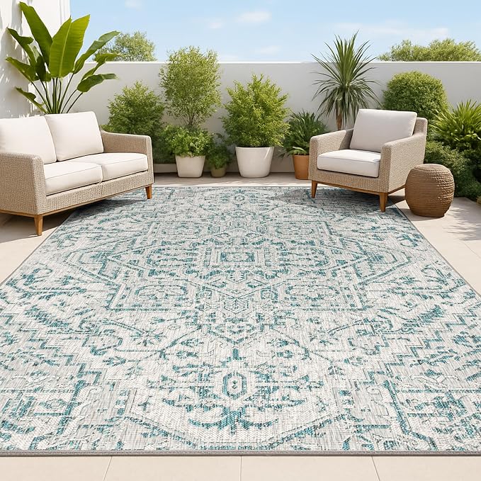 JONATHAN Y Boho Medallion Indoor Outdoor Area Rug 5X8 Teal/Gray, Estrella by JONATHANY