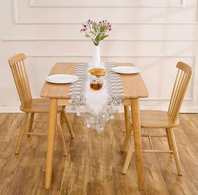 White Beige Floral Lace Table Runner Dresser Scarf | Floral Lace Border - Image 2