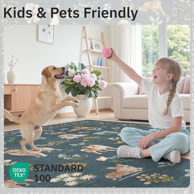Soalmost Dog 8x10 Area Rugs for Living Room, Machine Washable Animal Floral - Image 5