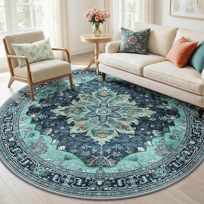 RELEANY Area Rugs Round 6ft Washable Non-Slip, Floral Vintage Distress by RELEANY