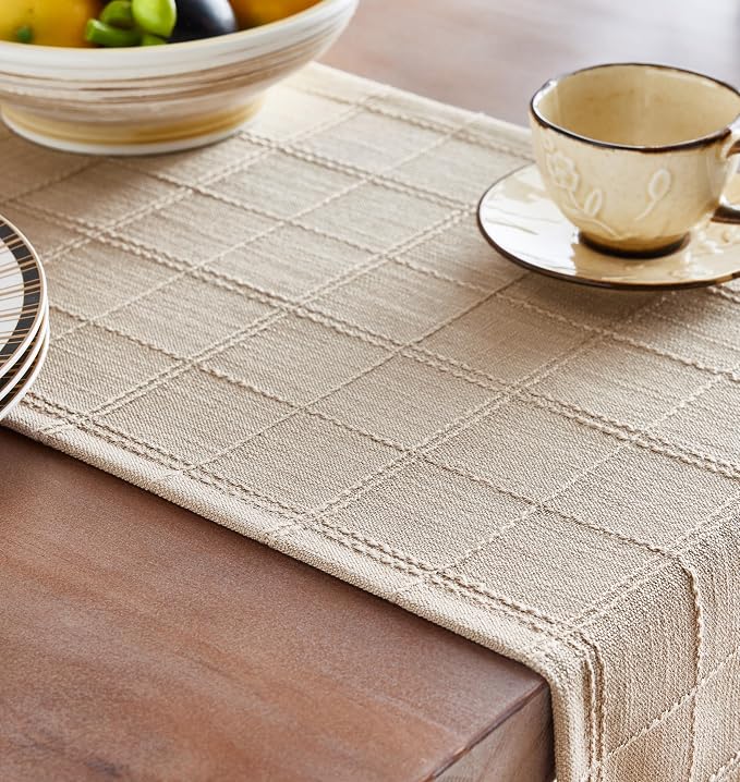 Linen Checked Farmhouse Table Runner, 13x36 Inches Neutral Beige | Raised Grid - Image 5