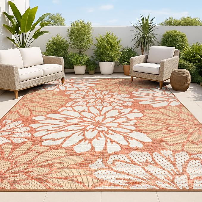 JONATHAN Y Floral Textured Weave Indoor Outdoor Area Rug 3X5 Orange/Cream by JONATHANY