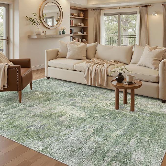 Soalmost 5x8 Area Rugs Green/Ivory Low Pile Indoor Washable Trendy Faded Style - Image 2