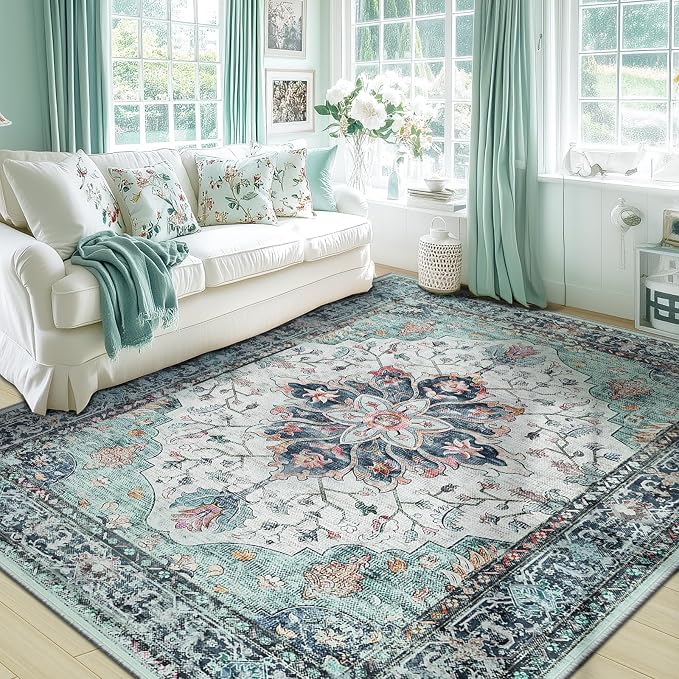 RELEANY Area Rugs 5'x7' Washable Non-Slip, Floral Vintage Distress Medallion by RELEANY