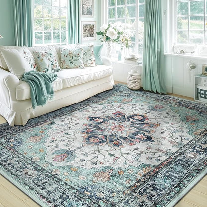RELEANY Area Rugs 5'x7' Washable Non-Slip, Floral Vintage Distress Medallion by RELEANY