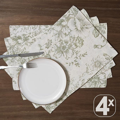JINCHAN Alice Linen Floral Placemats Set of 4 Farmhouse 13x19 Inch Green | - Image 5