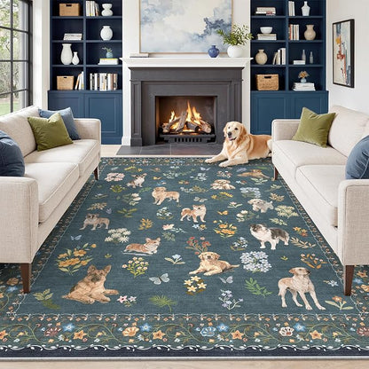 Soalmost Dog 9x12 Area Rugs for Living Room, Machine Washable Animal Floral by Soalmost