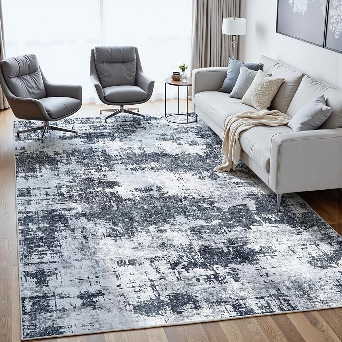 6x9 Area Rugs for Living Room Washable: Abstract Soft Thin Low Pile Black Rug - Image 4