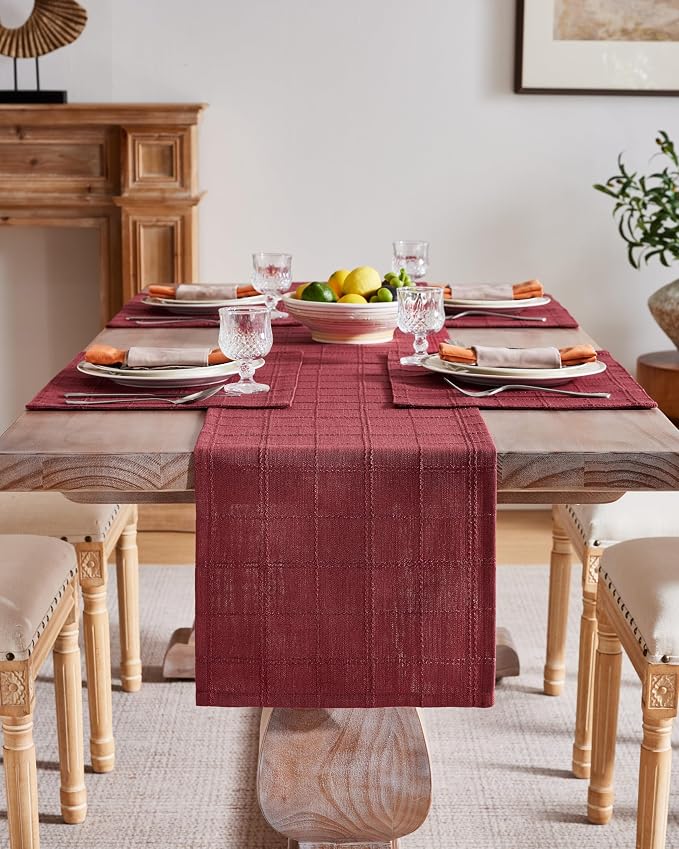 Linen Checked Farmhouse Table Runner, 13x90 Inches Burgundy | Raised Grid Design - Image 2