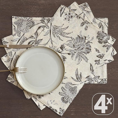 JINCHAN Sliva Linen Floral Placemats Set of 4 Farmhouse 13x19 Inch Grey | - Image 6