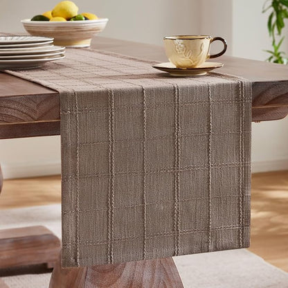 Linen Checked Farmhouse Table Runner, 13x36 Inches Cocoa Brown | Raised Grid - Image 4