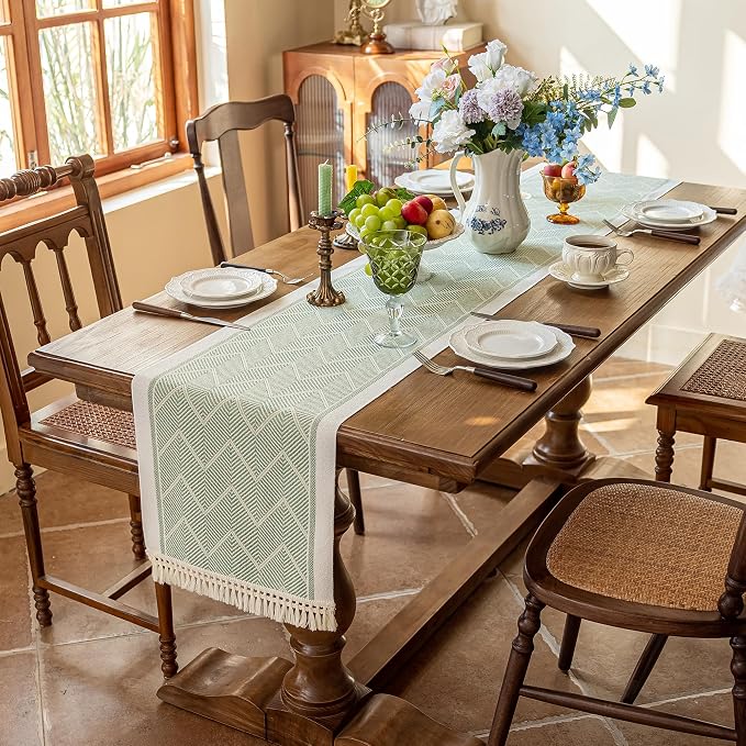14x107 Geometric Table Runner Waterproof Boho Dresser Scarf Tassels | Planning - Image 2