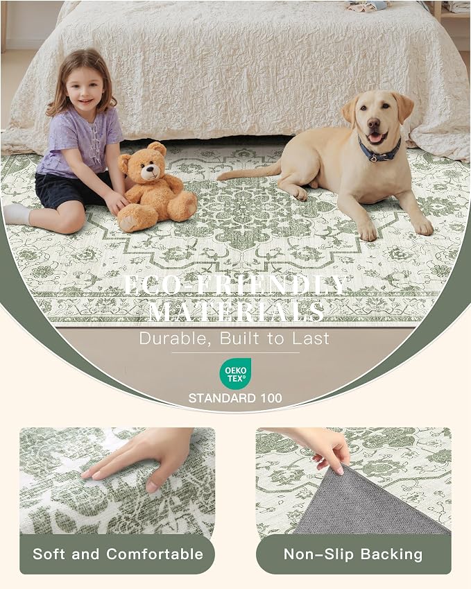 Madane 5x7 Area Rugs for Living Room, Machine Washable Vintage Green Rug - Image 4