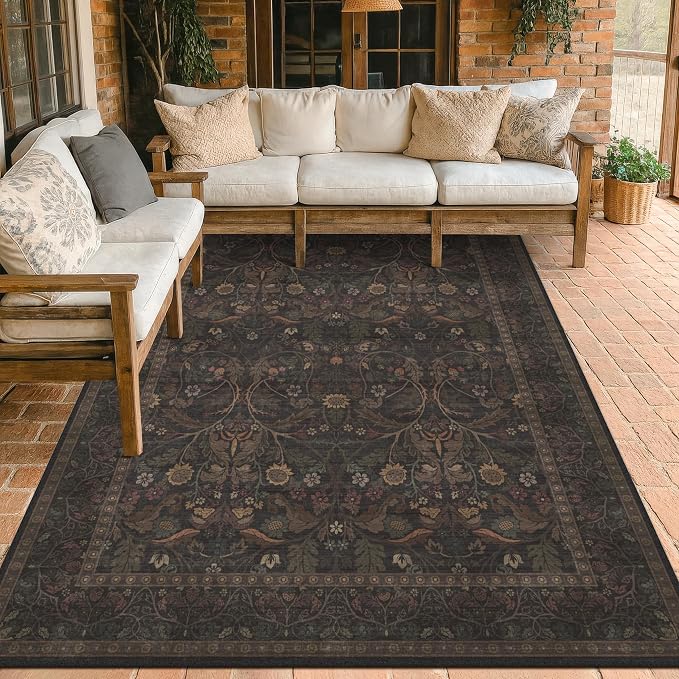 6x8 Washable Area Rugs for Living Room, Dark Brown & Gold Moody Floral Rug by Evyhood