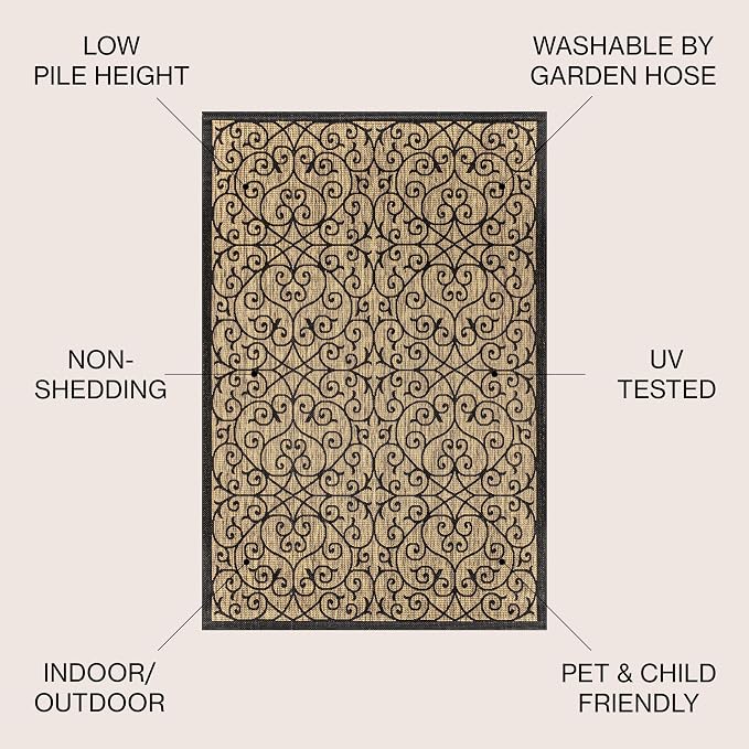 JONATHAN Y Vintage Filigree Indoor Outdoor Round Area Rug 3 Ft Black/Khaki - Image 2