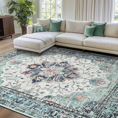 RELEANY Area Rugs 7'x10' Washable Non-Slip, Floral Vintage Distress Medallion by RELEANY