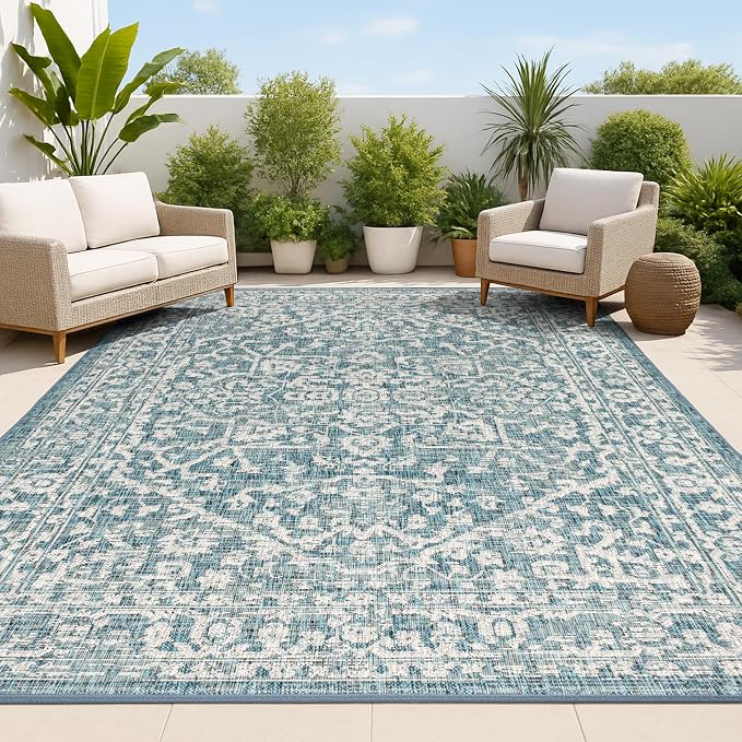 JONATHAN Y Boho Medallion Indoor Outdoor Area Rug 5X8 Teal/Gray, Malta Textured by JONATHANY
