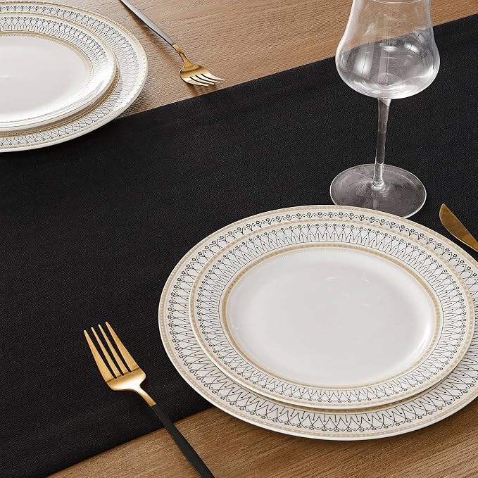 Linen Textured Border Table Runner, 14 x 48 Inch Black | Mitered Corner Design - Image 5