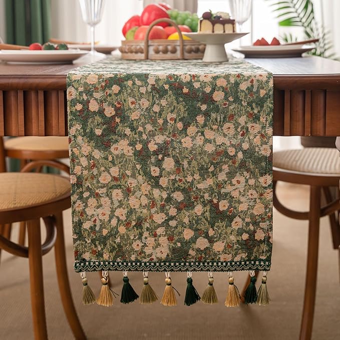 Ditsy Floral Table Runner Daisy Green 13 x 94 Inch | Jacquard Weave Pattern - Image 2