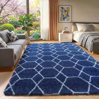 ONASAR 7x9 Area Rugs for Living Room Bedroom, Large Fluffy Navy Blue and White - Image 6