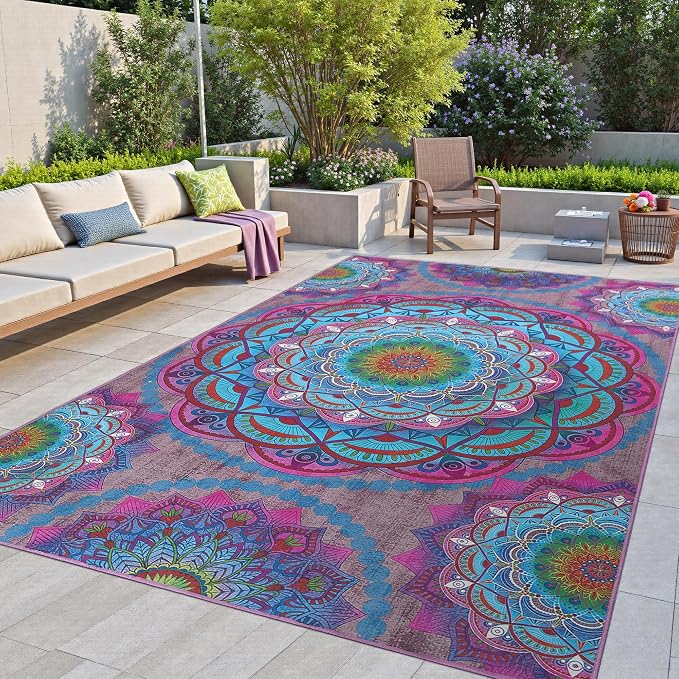Arenarug Meditation Indoor Outdoor Rug 8x10 ft Mandala Pattern Rug Boho Style by ArenaRug