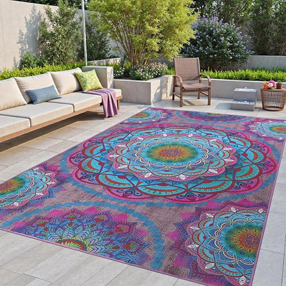 Arenarug Meditation Indoor Outdoor Rug 8x10 ft Mandala Pattern Rug Boho Style by ArenaRug