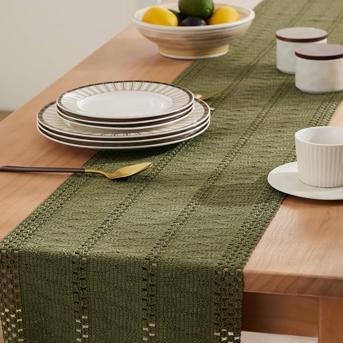 Macrame Style Boho Table Runner, 12x90 Inch Moss | Woven Boho Table Runner - Image 5