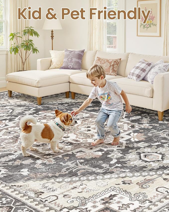 10x12 Vintage Area Rug: Washable Neutral Soft Non Slip Thin Large Floor Carpet - Image 6