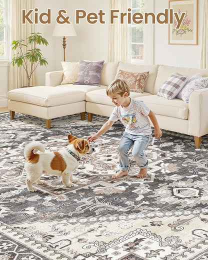 10x12 Vintage Area Rug: Washable Neutral Soft Non Slip Thin Large Floor Carpet - Image 6
