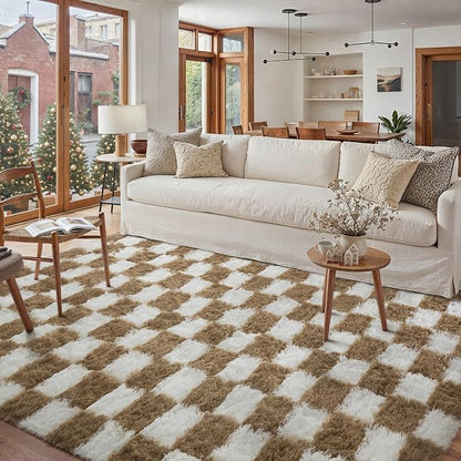 PureCozy 5x7 Area Rugs for Living Room Brown Soft Shag Checkered Large Rug by PureCozy