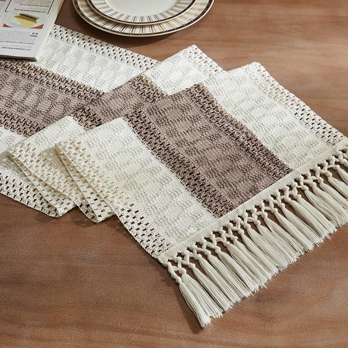 Macrame Style Bicolor Stitching Table Runner 14x108in Cocoa Brown | Woven Boho by ZEEMARTONLINE