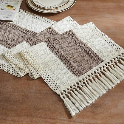 Macrame Style Bicolor Stitching Table Runner 14x90in Cocoa Brown | Woven Boho by ZEEMARTONLINE
