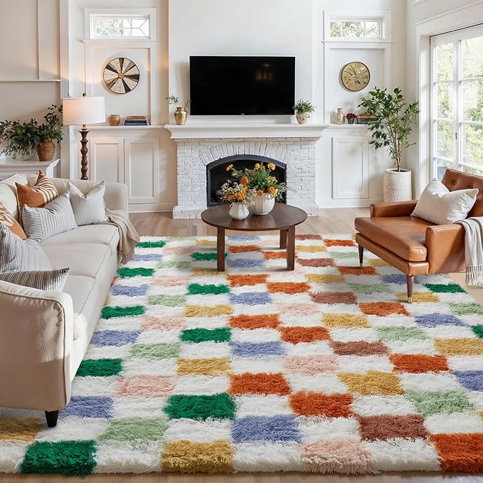 PureCozy Checkered Rug 6x9 for Living Room, Modern Neutral Shag Rug Washable by PureCozy