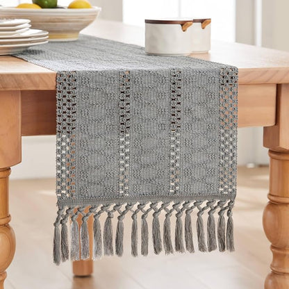 Macrame Style Boho Table Runner, 12x108 Inch Grey | Woven Boho Table Runner - Image 7