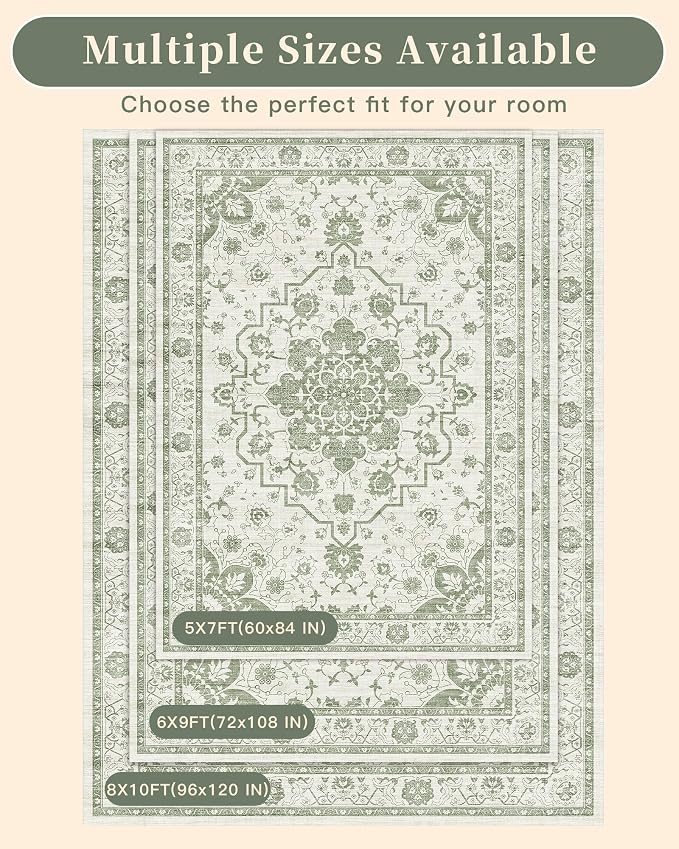 Madane 5x7 Area Rugs for Living Room, Machine Washable Vintage Green Rug - Image 9