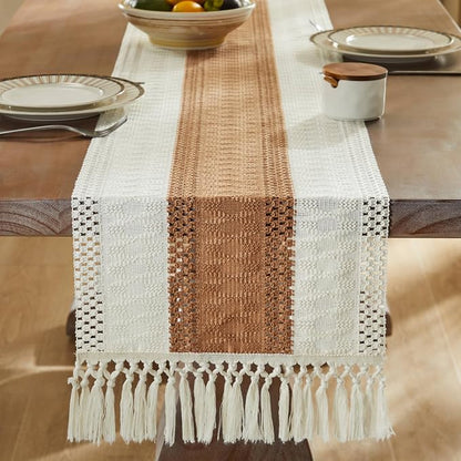 Macrame Style Bicolor Stitching Table Runner 14x48in Caramel | Woven Boho Table - Image 3