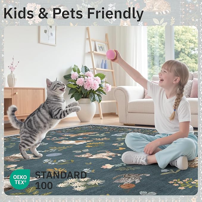 Soalmost Cat 4x6 Area Rugs, Machine Washable Animal Floral Accent Rug Non-Slip - Image 5
