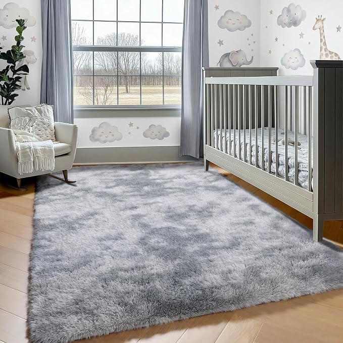 ONASAR Area Rugs for Bedroom Living Room, 4x6 Tie-Dyed Light Grey Fluffy Shaggy - Image 8