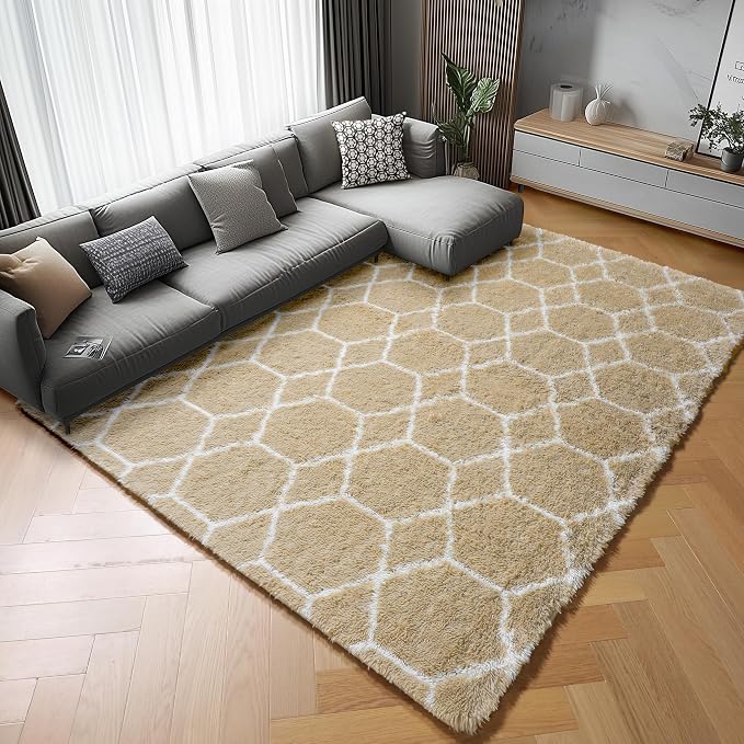 ONASAR 5x7 Area Rugs for Living Room Bedroom, Fluffy Beige and White Shag Rug - Image 6