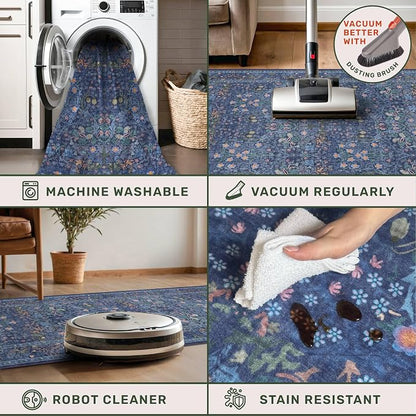 Vintage Dark Blue 3x4 Entryway Rug, Washable Small Area Rugs - Image 4