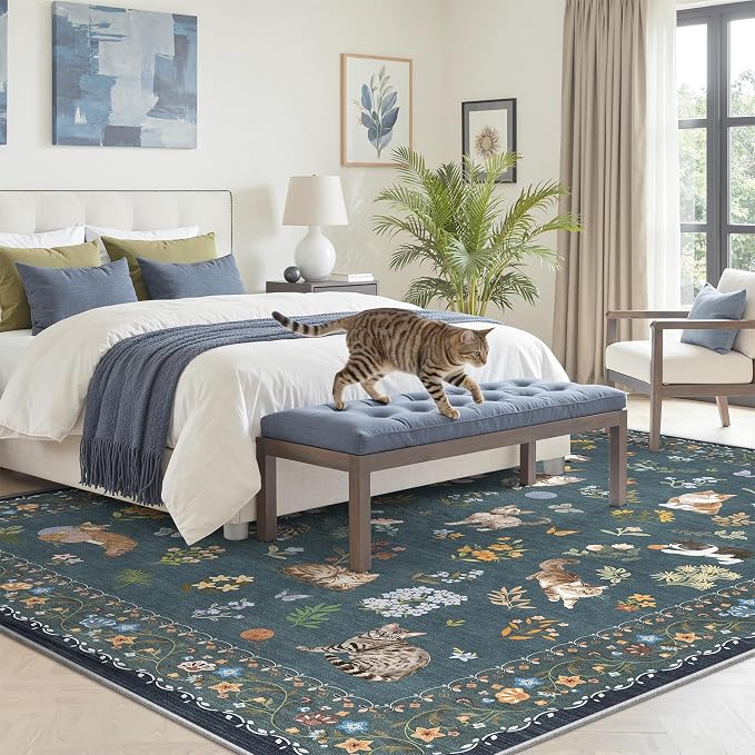 Soalmost Cat 6x9 Area Rugs for Living Room, Machine Washable Animal Floral - Image 3